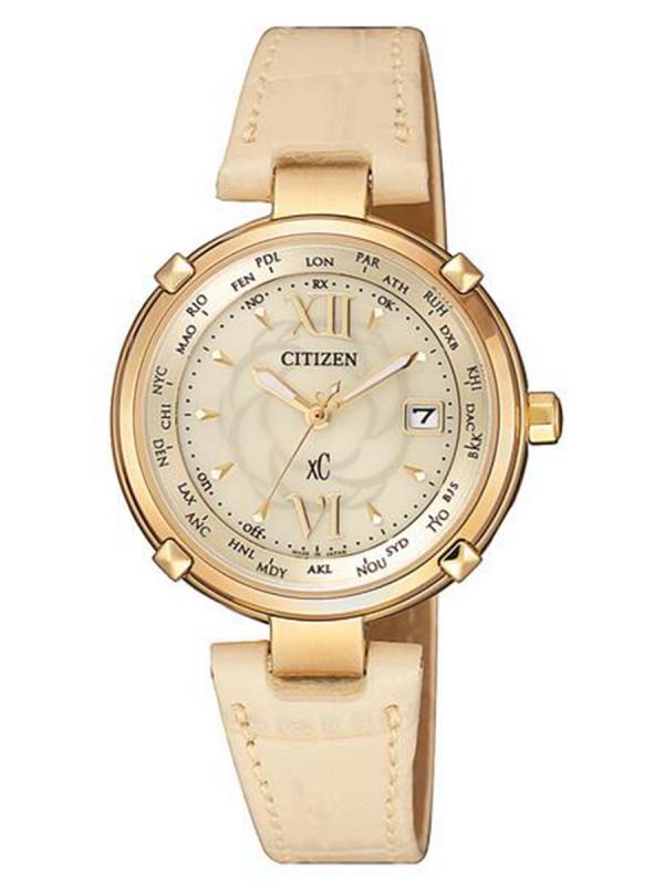 Citizen西鐵城XC金色舒博?鈦萬年歷光動能電波女表EC1042-00P