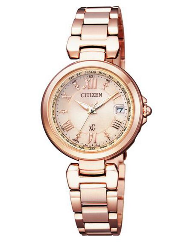 Citizen西鐵城XC鍍粉金色光動能電波萬年歷女表BN1010-05E
