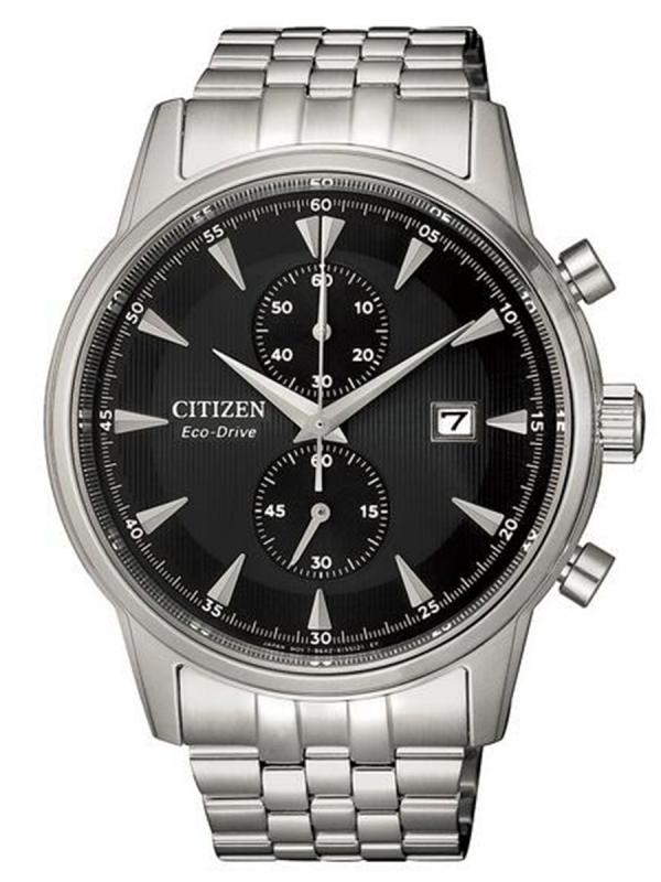 Citizen西鐵城Eco-Drive精鋼鍍黑盤(pán)光動(dòng)能計(jì)時(shí)碼表CA7001-87E
