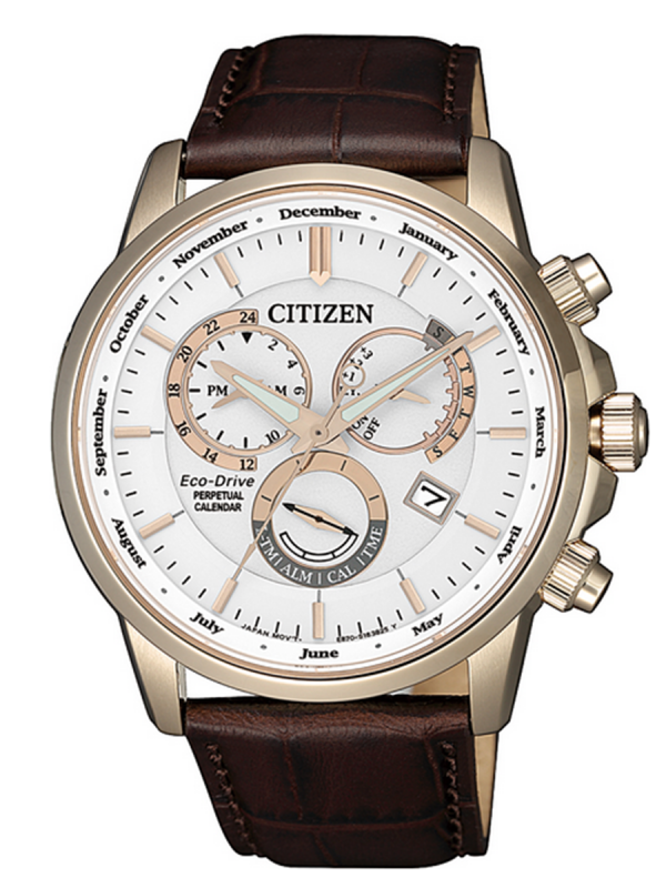 Citizen西鐵城Eco-Drive玫瑰金色皮帶款光動能萬年歷計時碼表BL8153-11A