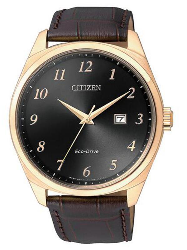 Citizen西鐵城Eco-Drive系列鍍玫瑰金色精鋼黑盤皮帶款光動能腕表BM7323-11E