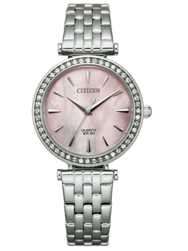 Citizen西鐵城L精鋼粉色貝母盤大三針石英女表ER0210-55Y